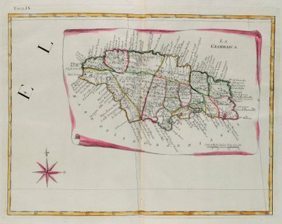 Jamaika, G. Zulianin kaiverrus otettu Antonio Zattan Venetsiassa vuonna 1778 julkaiseman "Uusimman atlasin" Tome I:stä, yksityinen kokoelma tekijältä G. Zuliani
