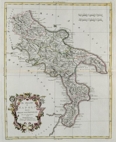 Napolin kuningaskunta jaettu provinsseihinsa, G. Zulianin kaiverrus Tome II:sta Venetsiassa vuonna 1781 julkaistusta Antonio Zattan "Uusimasta atlasesta", yksityiskokoelma tekijältä G. Zuliani