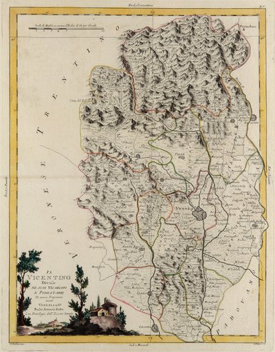 Veneton osavaltion maa-alue: Vicenzan alue, joka on jaettu sen piispakunnille ja maistraateille, G. Zulianin kaiverrus Tome II:sta Venetsiassa vuonna 1782 julkaistusta Antonio Zattan "uusimmasta atlasuksesta", yksityinen kokoelma tekijältä G. Zuliani