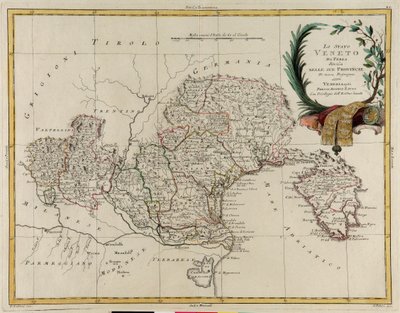 Veneton osavaltion maa-alue, jaettu sen provinsseihin, G. Zulianin kaiverrus otettu Tome II:sta Venetsiassa vuonna 1782 julkaistusta Antonio Zattan "uusimmista atlasista", yksityinen kokoelma tekijältä G. Zuliani