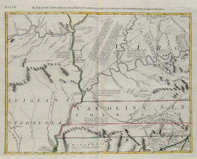 Cherokien maa Pohjois-Carolinan ja Virginian länsiosien kanssa, G. Zulianin kaiverrus Tome I:stä Venetsiassa vuonna 1778 julkaistusta Antonio Zattan "uusimmasta atlasuksesta", yksityinen kokoelma tekijältä G. Zuliani