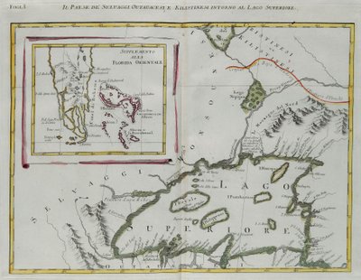 Ottawan ja Kilistiinien intiaanien maa Superior-järven ympärillä ja Itä-Floridan lisäys, G. Zulianin kaiverrus Tome I:stä Venetsiassa vuonna 1778 julkaistusta "Uusimasta atlasesta", Antonio Zatta, yksityinen kokoelma tekijältä G. Zuliani