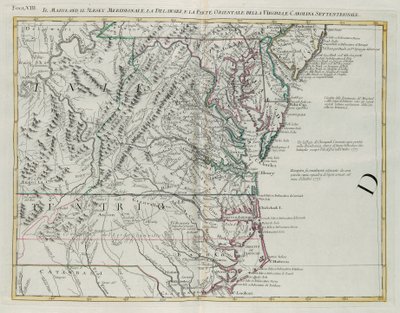 Maryland, Etelä-New Jersey, Delaware ja Virginian ja Pohjois-Carolinan itäosa, G. Zulianin kaiverrus otettu Tome I:stä Venetsiassa vuonna 1778 julkaistusta Antonio Zattan "uusimmista atlasista", yksityinen kokoelma tekijältä G. Zuliani
