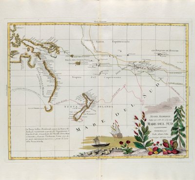 Uudet löydöt, jotka tehtiin vuosina 1775, 67 ja 69 Etelämerellä, G. Zulianin kaiverrus, joka on otettu Venetsiassa vuonna 1776 julkaistun uusimman atlasin Tome I:stä, Antonio Zatta, yksityinen kokoelma tekijältä G. Zuliani