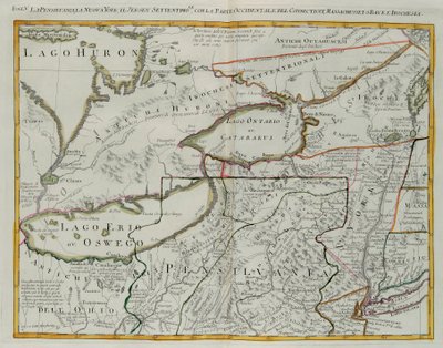Pennsylvania, New York, Etelä-New Jersey, Connecticutin länsiosat, Massachusetts Bay ja Irokeesien maa, G. Zulianin kaiverrus Tome I:stä Venetsiassa vuonna 1778 julkaistusta "Uusimasta atlasesta", Antonio Zatta, yksityinen kokoelma tekijältä G. Zuliani