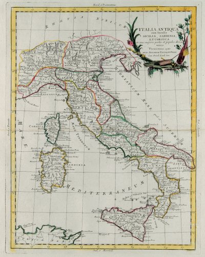 Italian poliittinen kartta, kaiverrettu G. Zuliani, otettu "Novissimo Atlas" -julkaisun IV osasta, jonka Venetsiassa julkaisi vuonna 1785 Antonio Zatta, yksityinen kokoelma tekijältä G. Zuliani