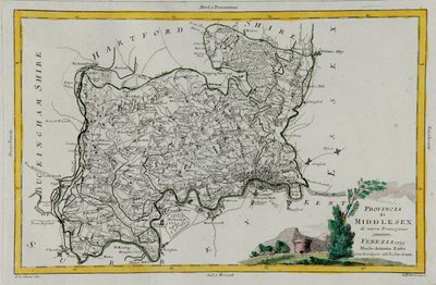 Middlesexin maakunta, G. Zulianin kaiverrus otettu Tome I:stä Venetsiassa vuonna 1779 julkaistusta "Uusimasta atlasesta", jonka Antonio Zatta, yksityinen kokoelma tekijältä G. Zuliani