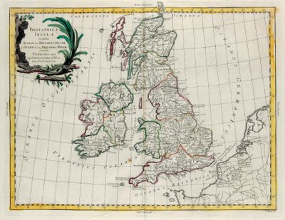 Brittisaaret, joissa sijaitsee Albion tai Iso-Britannia ja Ivernia tai Pieni-Britannia, G. Zulianin kaiverrus otettu Antonio Zattan Venetsiassa vuonna 1785 julkaisemasta uusimman atlasin Tome I:stä tekijältä G. Zuliani