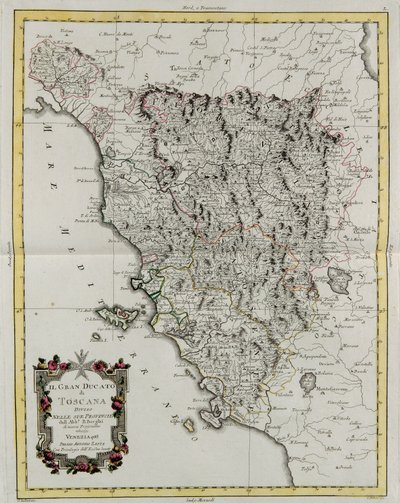 Toscanan suurherttuakunta jaettu provinsseihinsa, G. Zulianin kaiverrus Tome II:sta Venetsiassa vuonna 1783 julkaistusta Antonio Zattan "uusimmasta atlasuksesta", yksityiskokoelma tekijältä G. Zuliani