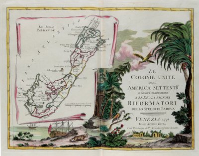 Bermudan saaret ja Pohjois-Amerikan yhdistyneille siirtomaille omistetun osion etuosa, G. Zulianin kaiverrus, joka on otettu Tome I:stä Venetsiassa vuonna 1778 julkaistusta Antonio Zattan yksityiskokoelmasta "Uusimman atlas" tekijältä G. Zuliani