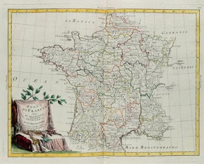 Ranskan kuningaskunta jakautui hallintoihinsa, G. Zulianin kaiverrus otettu Antonio Zattan Venetsiassa vuonna 1776 julkaiseman uusimman atlasin Tome I:stä, yksityinen kokoelma tekijältä G. Zuliani