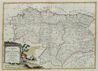 Galician, Asturien, Leonin, Castilla Viejan kuningaskunnat Biscallian neuvoston kanssa, G. Zulianin kaiverrus otettu Venetsiassa vuonna 1776 julkaistun uusimman atlasin Tome I:stä, jonka on kirjoittanut Antonio Zatta, Priva tekijältä G. Zuliani