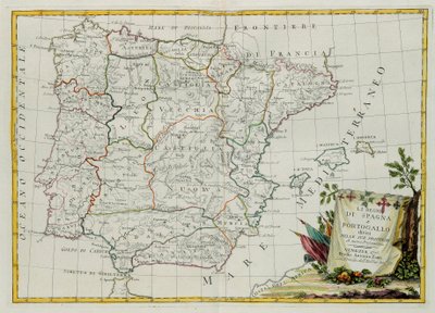 Espanjan ja Portugalin kuningaskunnat jaettu provinsseihinsa. G. Zulianin kaiverrus on otettu Venetsiassa vuonna 1775 julkaistun uusimman atlasin Tome I:stä, Antonio Zatta, yksityinen kokoelma tekijältä G. Zuliani