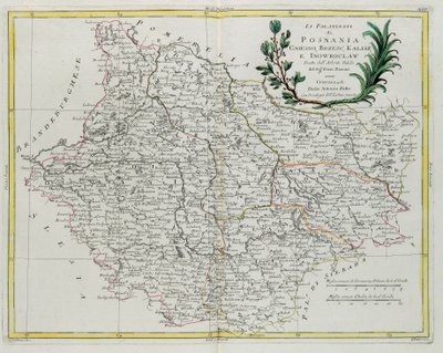 G. Zulianin kaivertama Posnanian, Gniesnon, Brzescin, Kaliszin ja Inovroclavin Pfalz, otettu Antonio Zattan Venetsiassa vuonna 1781 julkaiseman "Uusimman atlasin" osasta III, yksityinen kokoelma. tekijältä G. Zuliani