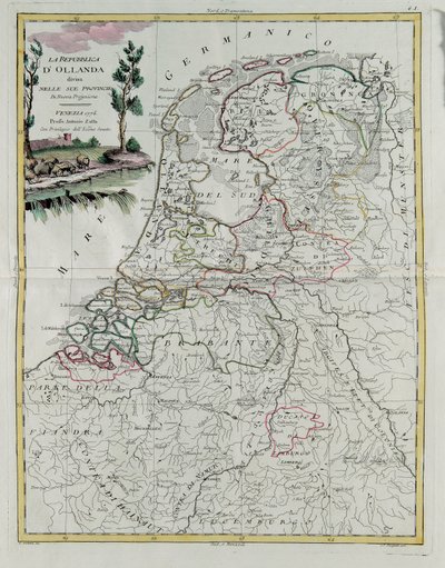 Hollannin tasavalta jaettu provinsseihinsa, G. Zulianin kaiverrus otettu Antonio Zattan Venetsiassa vuonna 1776 julkaiseman uusimman atlasin Tome I:stä, yksityinen kokoelma tekijältä G. Zuliani