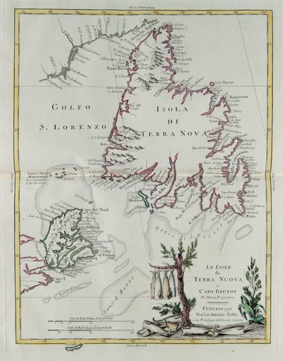 Newfoundlandin ja Cape Bretonin saaret, G. Zulianin kaiverrus Tome I:stä Venetsiassa vuonna 1778 julkaistusta "Uusimasta atlasesta", Antonio Zatta, yksityinen kokoelma tekijältä G. Zuliani