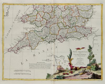 Englannin eteläosa ja Walesin prinsipiaat, G. Zulianin kaiverrus otettu Antonio Zattan Venetsiassa vuonna 1778 julkaiseman uusimman atlasin Tome I:stä, yksityinen kokoelma tekijältä G. Zuliani