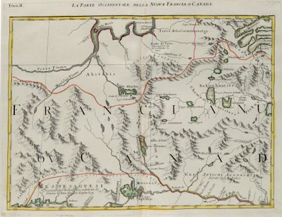 Uuden Ranskan tai Kanadan länsiosa, G. Zulianin kaiverrus otettu Antonio Zattan Venetsiassa vuonna 1778 julkaiseman "Uusimman atlasin" Tome I:stä, yksityiskokoelma tekijältä G. Zuliani
