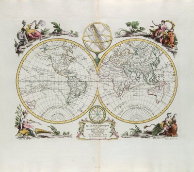 Maailmankartta ja yleinen kuvaus maapallosta, G. Zulianin kaiverrus otettu Antonio Zattan Venetsiassa vuonna 1774 julkaistun uusimman atlasin Tome I:stä tekijältä G. Zuliani