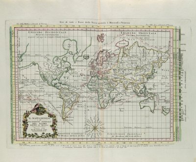 Maailmankartta ja maapallon yleinen kuvaus, kuvaksi pienennetty, G. Zulianin kaiverrus, joka on otettu Antonio Zattan Venetsiassa vuonna 1774 julkaiseman "Uusimman atlasin" Tome I:stä. tekijältä G. Zuliani
