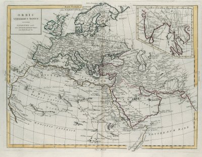 Muinaisten tuntema maailma, G. Zulianin kaiverrus, joka on otettu Antonio Zattan vuonna 1785 Venetsiassa julkaiseman uusimman atlasin Tome IV:stä, yksityinen kokoelma tekijältä G. Zuliani