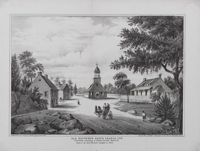 Vanha reformoitu hollantilainen kirkko vuonna 1776, piirtänyt neiti Elizabeth Sleight vuonna 1808, painettu H. McCloskeys Manuelille Brooklynin kaupungista, 1864 tekijältä G. after Hayward