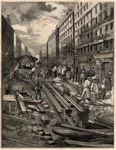 Bellevillen köysirata, raitiotien, rue de Belleville vuonna 1894. Kaiverrus M.G. de Burgrraffin piirustus. Vuoden 1894 "The Illustrous World" -elokuvassa. tekijältä G. de Burgraff