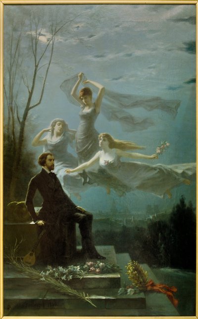 Romantiikka: "Mussetin yöt"" Ranskalainen runoilija Alfred de Musset (1810-1857) inspiroi muusoista "The Nights" -teoksen kirjoittamiseen. Gabriel Aimable de la Foulhouzen (1825-1887) maalaus. 1886 Öljy kankaalle Clermont Ferrand (Clermont-Ferrand). Roger tekijältä Gabriel Amable de Lafoulhouze