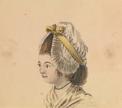 Naisen pää, jolla on röyhelöinen lippalakki, noin 1774 (akvarelli). tekijältä Gabriel Bray