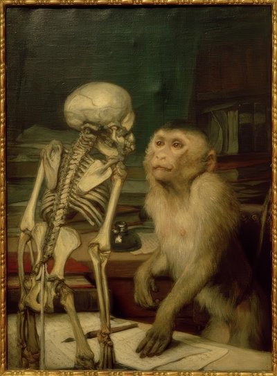 Apina luurangon edessä tekijältä Gabriel Cornelius Ritter von Max