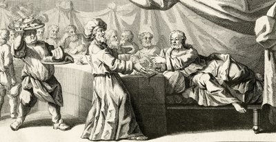 Jeesus kutsuttiin päivälliselle fariseuksen kanssa, esimerkki Pyhän Luukkaan evankeliumista, luku 11:37, 1728 tekijältä Gabriel Francois Louis Debrie