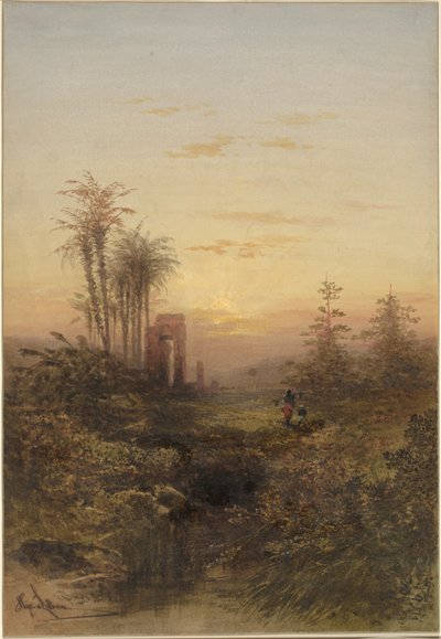 Auringonlasku itämaisessa maisemassa tekijältä Gabriel Hippolyte Lebas