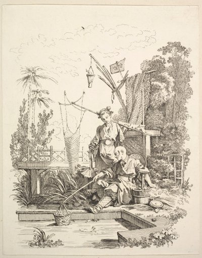 Kiinalainen mies ja nainen kalastamassa kalalammen rannalla, 1700-luku. tekijältä Gabriel Huquier