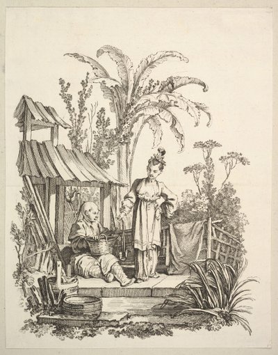 Istuva kiinalainen mies ja nainen kantamassa kalaa, n. 1742. tekijältä Gabriel Huquier