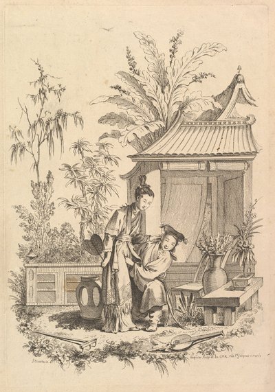 Chinoiserie-kohtaus hahmoineen maisemassa, 1700-luku. tekijältä Gabriel Huquier
