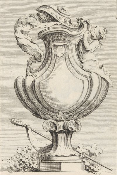 Suunnittelu maljakolle, jossa on faun ja nymfi, Livre de Vases Book of Bases, levy 1..., 1742-50. tekijältä Gabriel Huquier
