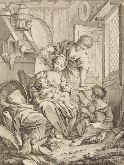 Levy 1: Nuori nainen ruokkimassa lastaan, Premier Livre de Subjects et Pastorales Fi..., 1720-72. tekijältä Gabriel Huquier