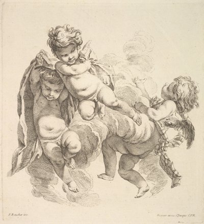 Kolme lasta pilvien seassa kantamassa verhoa, 1738-45. tekijältä Gabriel Huquier