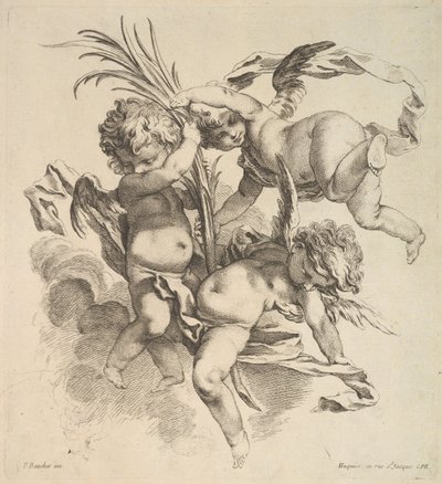 Kolme lasta pilvien seassa lähellä palmunlehteä, 1738-45. tekijältä Gabriel Huquier