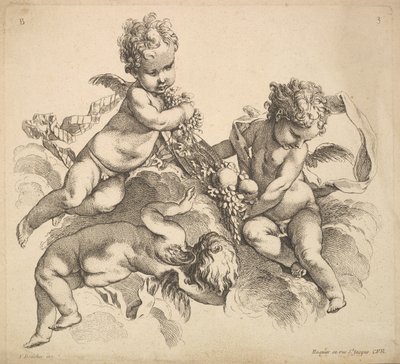 Kolme lasta hedelmälautasella, 1738-45. tekijältä Gabriel Huquier