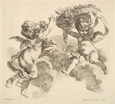 Kaksi lasta, yksi kädessään kukkakori, 1738-45. tekijältä Gabriel Huquier