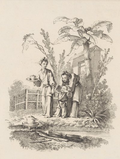 Kaksi naista johdattelemassa lasta kohti teekannua pöydällä lähellä lampia, n. 1742. tekijältä Gabriel Huquier