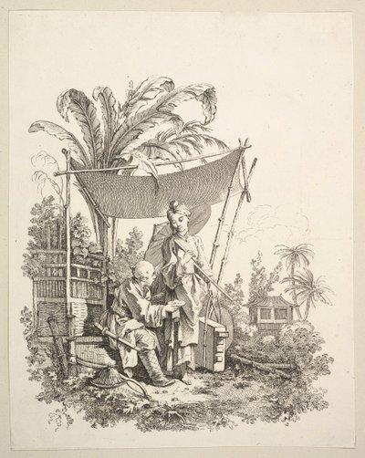 Nainen, joka näyttää uteliaisuutta sotilaalle, n. 1742. tekijältä Gabriel Huquier