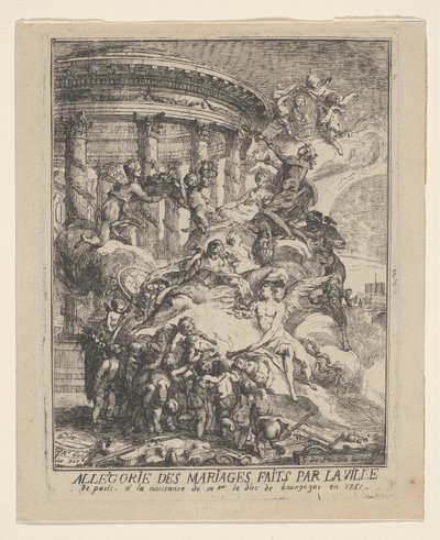 Allegoria Pariisin kaupungin solmimista avioliitoista Burgundin herttuan syntymän yhteydessä tekijältä Gabriel Jacques de Saint Aubin