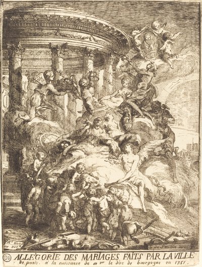 Allegoria Pariisin kaupungin solmimista avioliitoista Burgundin herttuan syntyessä tekijältä Gabriel Jacques de Saint Aubin