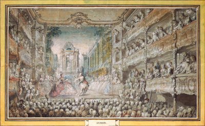 Armidan esitys Oopperatalon vanhassa auditoriossa, vuoden 1761 jälkeen. tekijältä Gabriel Jacques de Saint Aubin