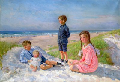 "Erik, Else, Ove ja Birthe Schultz rannalla", 1919 tekijältä Gabriel Jensen