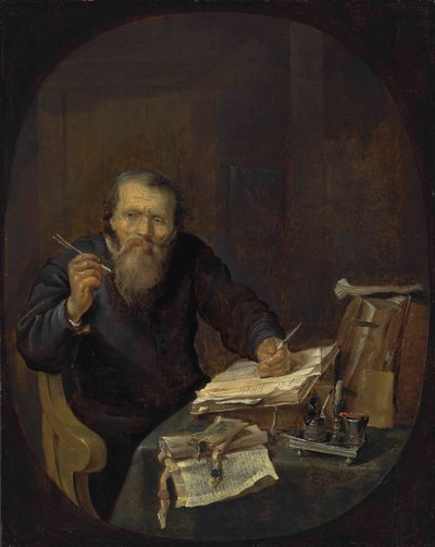 Notaari teroittaa kynäänsä sisätiloissa... tekijältä Gabriel Metsu
