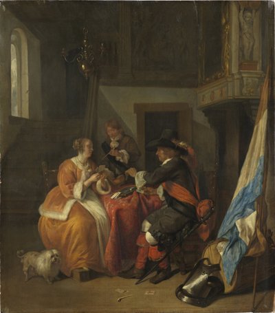 Korttipeli - A Card Game, kirjoittanut Metsu, Gabriel (1629-1667). öljy puulle tekijältä Gabriel Metsu