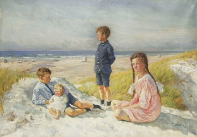 Erik, Else, Ove ja Birthe Schultz rannalla tekijältä Gabriel Oluf Jensen